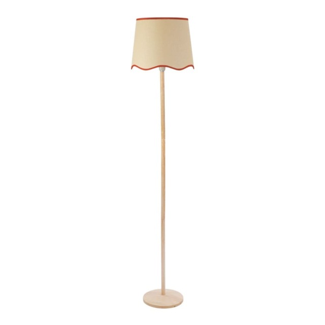 ValueLights Triston Light Wood Floor Lamp Scallop Black Trim Shade & Bulb Brown Black