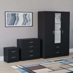 Vida Designs Riano 3 Piece Bedroom Set (2 Drawer Bedside Chest, 4 Drawer Chest, 3 Door 2 Drawer Mirrored Wardrobe) - Black