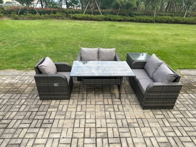 Fimous Lounge Rattan Sofa Set Outdoor Garden Furniture Oblong Rectangular Dining Table With Chairs Side Table Dark Grey Mixed