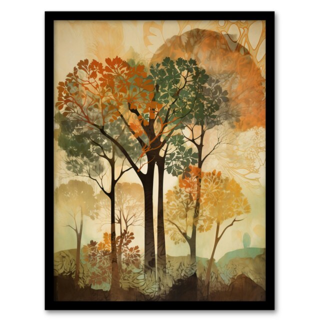 Autumn Again Earthy Tones Tree Landscape Black Framed Wall Art Print A4