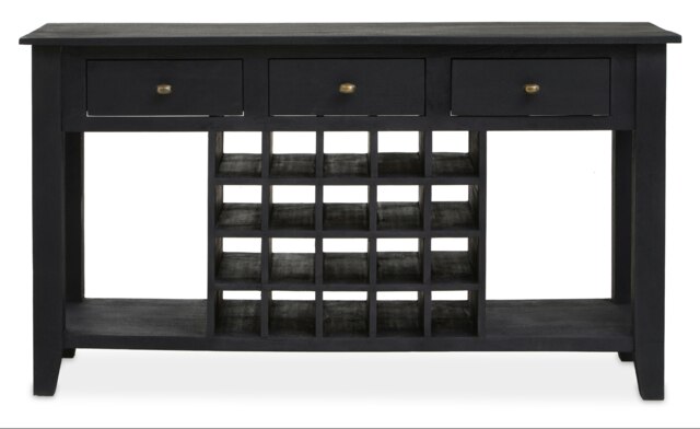 Orsina Black Mango Wood Console Table with Wine Bottle Storage, 3‑Drawer Mango Wood Wine Rack Console