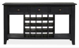 Orsina Black Mango Wood Console Table with Wine Bottle Storage, 3‑Drawer Mango Wood Wine Rack Console