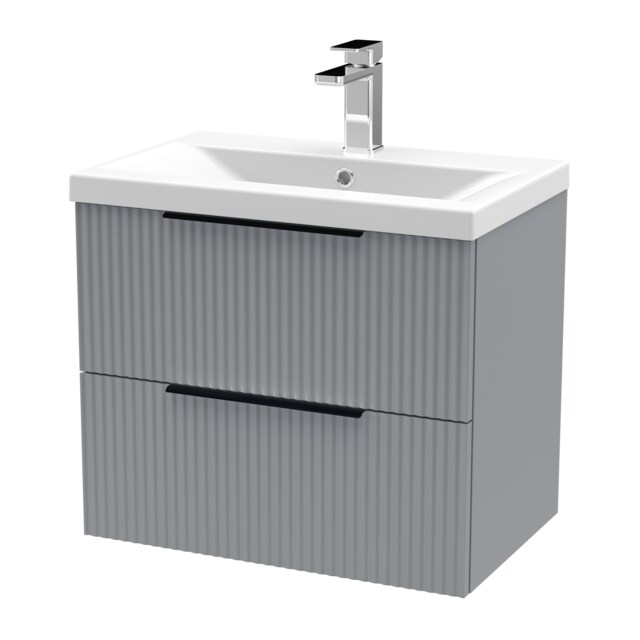 Balterley Fluted Front Wall Hung 2-Drawer Bathroom Vanity Unit with 1 Tap Hole Basin, Handles Grey Satin Grey