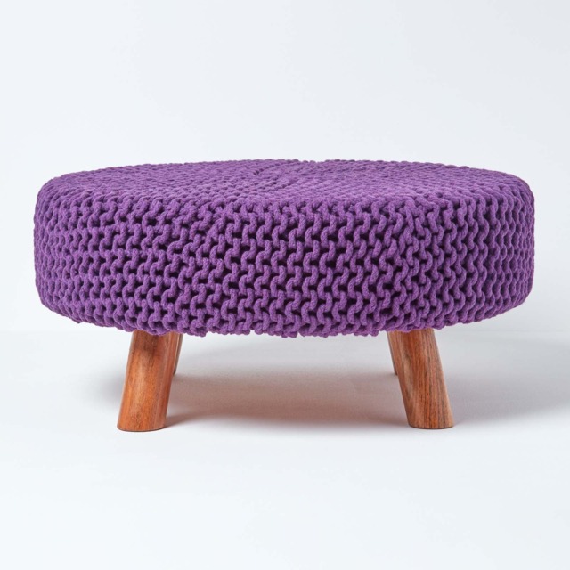 Homescapes Purple Large Round Cotton Knitted Footstool on Legs