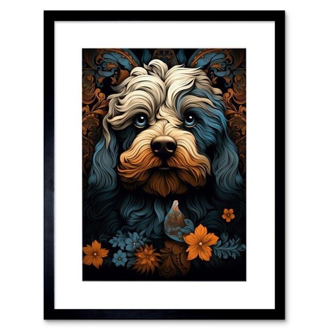 "Cockapoo Dog Flower Patterns Art Nouveau 9x7"" Black Framed Wall Art Print"