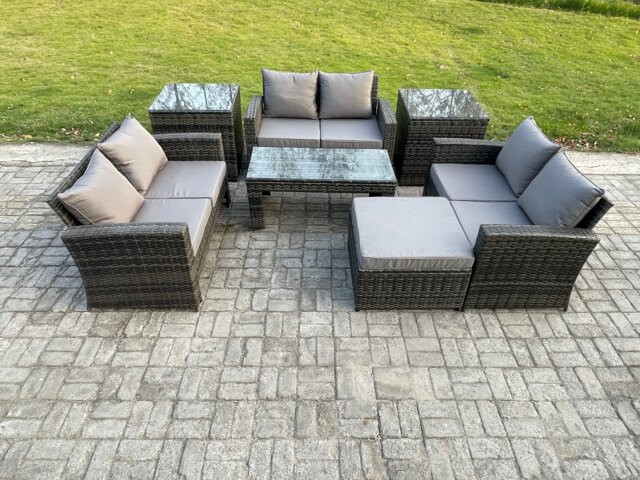 Fimous 7 PCS Outdoor Lounge Sofa Set Wicker PE Rattan Garden Furniture Set with Coffee Table Double Seater Sofa 2 Side Tables Big Footstool Dark Grey Mixed