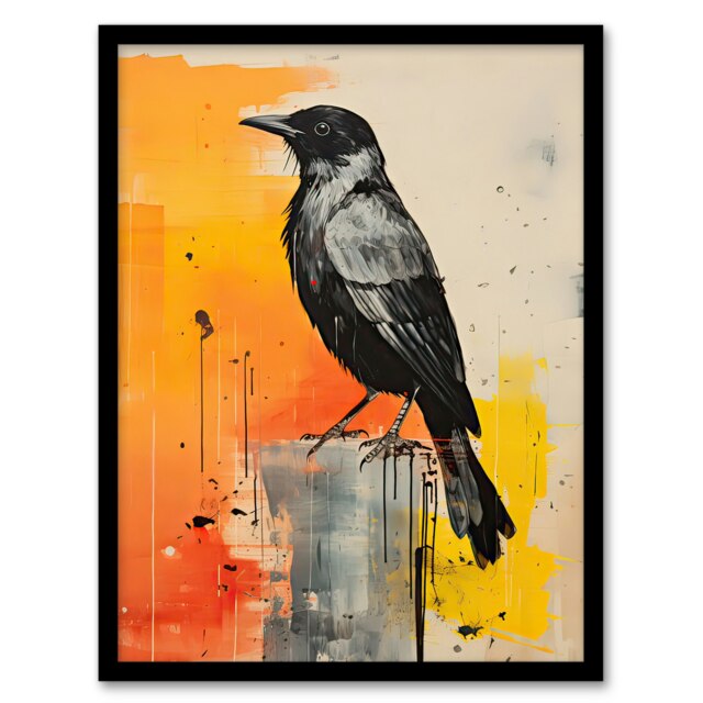Enigmatic Crow Bird Portrait Grey Orange Black Framed Wall Art Print A4