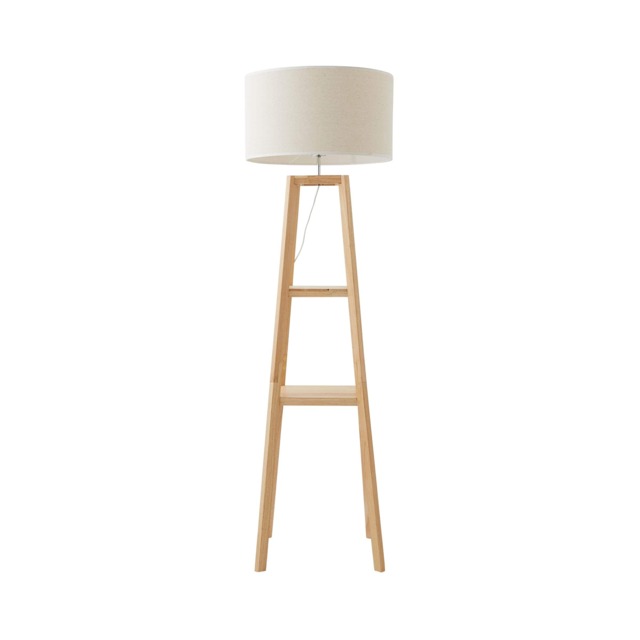 ValueLights Wakefield Two Shelf Wooden Floor Lamp White Trim Shade Brown White