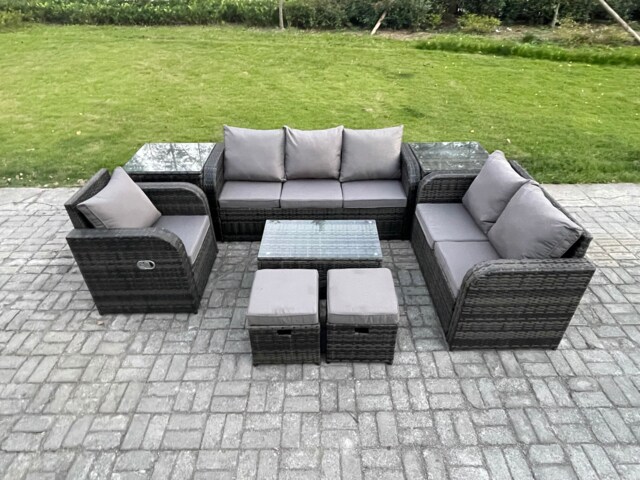 Fimous Outdoor Garden Furniture Sets 8 Pieces Wicker Rattan Furniture Sofa Sets with Rectangular Coffee Table Loveseat Sofa 2 Small Footstools 2 Side Tables