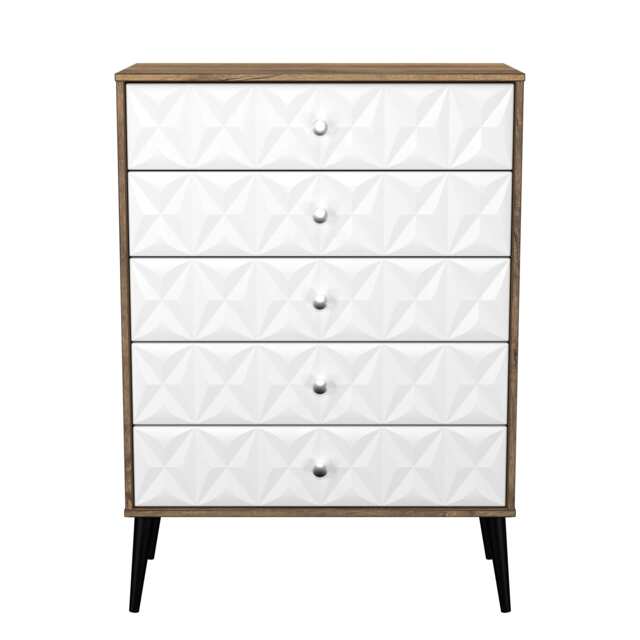 Toledo 5 Drawer Chest of Drawers in White Matt & Vintage Oak (Ready Assembled) White White Matt & Vintage Oak
