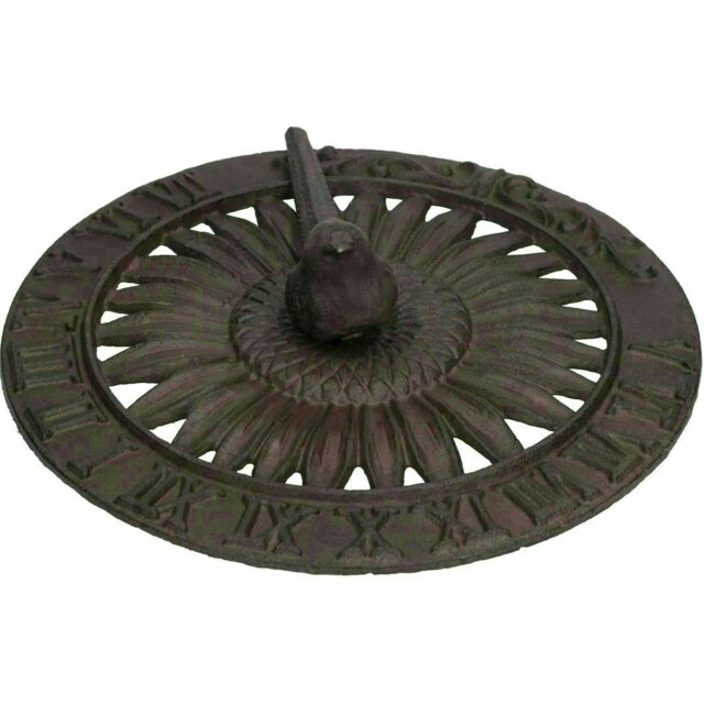 Bird Sundial Ornament Cast Iron Garden Feature Statue Sunflower Clock Metal Brown