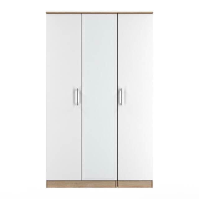 Cornwall Triple Mirror Wardrobe in White Matt & Bardolino Oak (Ready Assembled) White White Matt & Bardolino Oak