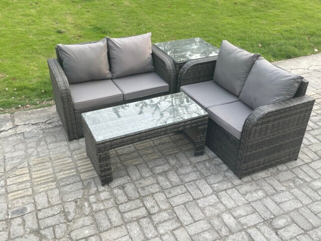 Fimous High Back Rattan Garden Furniture Set with Loveseat Sofa Rectangular Coffee Table Indoor Outdoor Patio Lounge Sofa Set Dark Grey Mixed