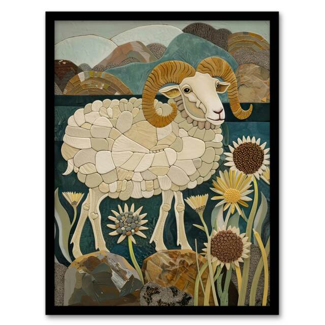 Rocky Mountain Bighorn Sheep Mosaic Floral Living Room Black Framed Wall Art Print A4