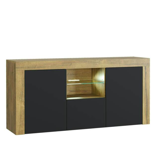 TV Unit 145cm Black Matt Doors Free LED Oak Modern Media Cabinet Brown Black One Size 1