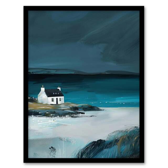 Scottish Cottage On Coast Timeless Home Decor Black Framed Wall Art Print A4
