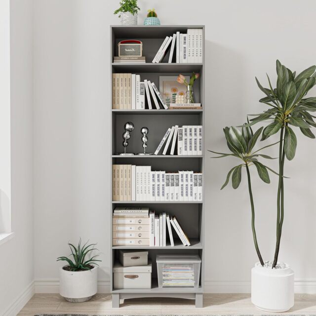 Wide Shelf Tier Wooden Bookcase Shelving Modern Open Display Storage Cabinet Grey Grey 6 Tier 1
