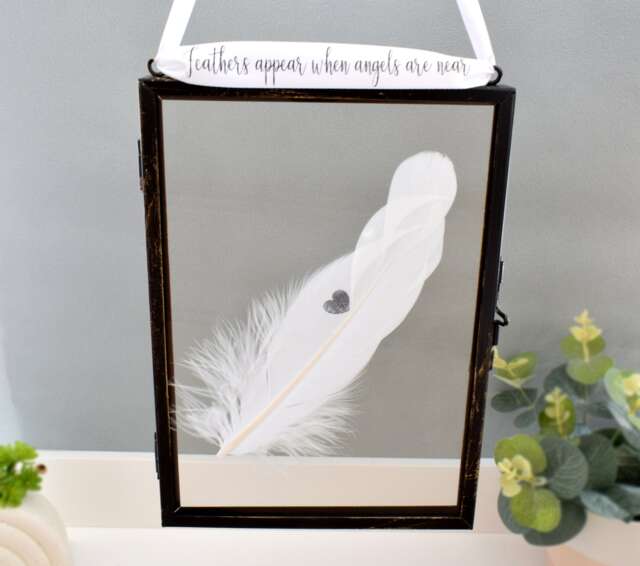 Heart Stamp In Memory of. Real feather Floating Picture Frame Memorial