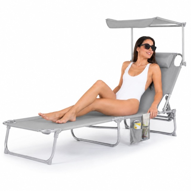 Folding Sun Lounger with Sun Shade Grey
