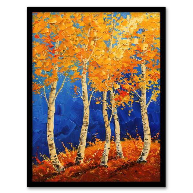 Bright Autumn Birch Trees Forest Oil Living Room Black Framed Wall Art Print A4