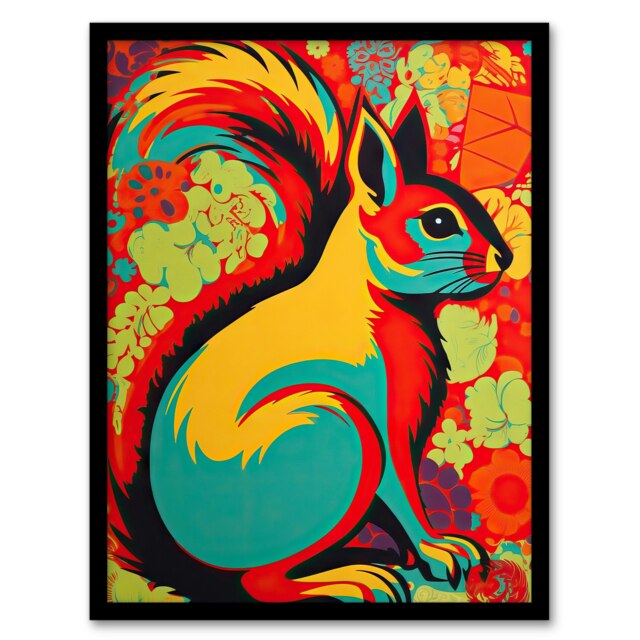Autumn Squirrel Neon Red Orange Yellow Teal Psychedelic Black Framed Wall Art Print A4