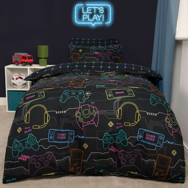 OHS Reversible Gaming Print Duvet Cover and Pillowcase Bedding Set, Double - Black