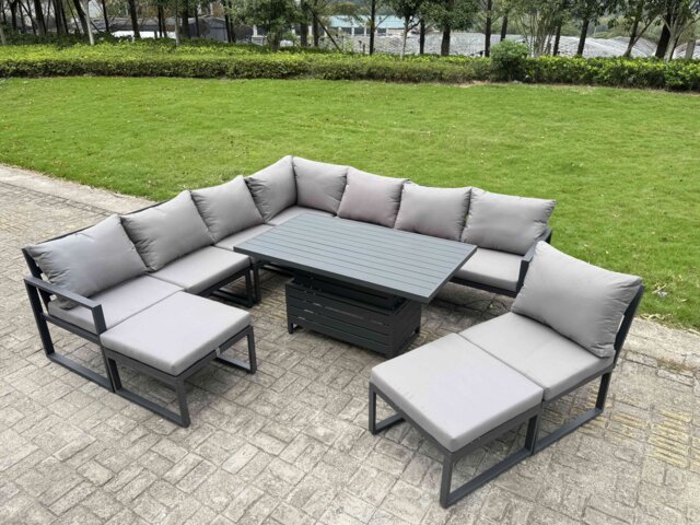 Fimous 9 Pieces Aluminium Garden Furniture Set with Cushions, Patio Furniture Set with Adjustable Rising Lifting Dining Table 2 Big Footstools Dark Grey