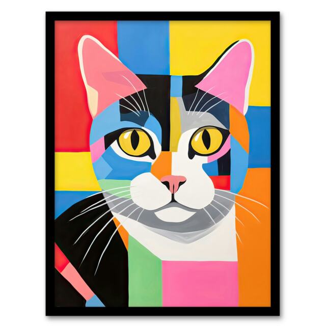 Fun Abstract Pop Art Tabby Cat Vibrant Home Decor Black Framed Wall Art Print A4
