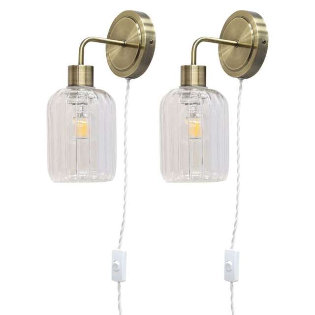 Set of 2 Toby - Antique Brass Plug in Wall Lights Ribbed Glass Shades