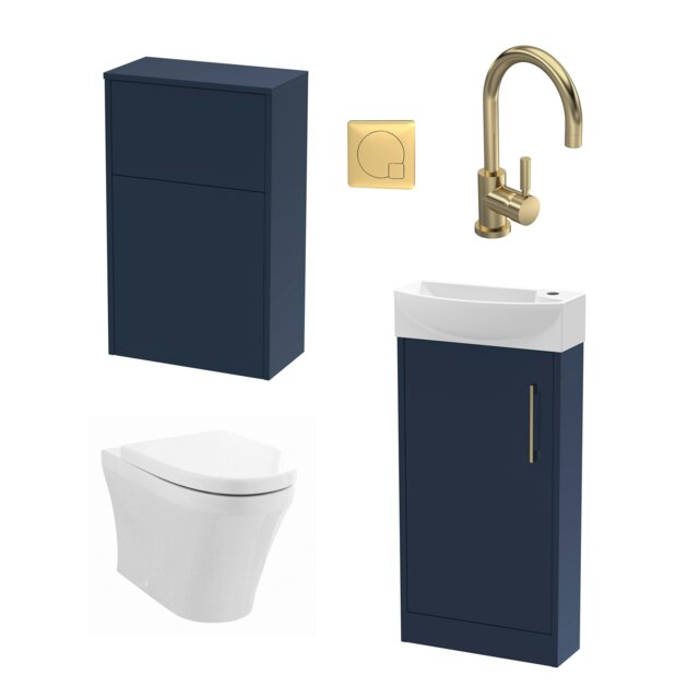 Cloakroom Suite - Left Hand 440mm Vanity, WC Unit, Toilet and Tap - Blue/Brass Blue