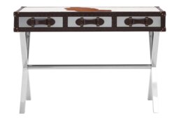 Orsina Brown & White Genuine Cowhide Console Table,Hallway Table With 3 Storage Drawers,Table With Leather Handles