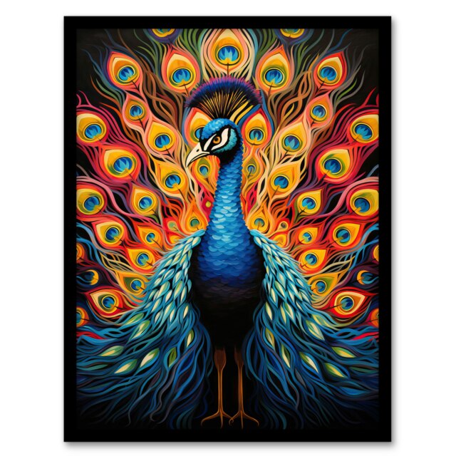 Peacock Bird Bright Vivid Feathers Yellow Red Bold Black Framed Wall Art Print A4
