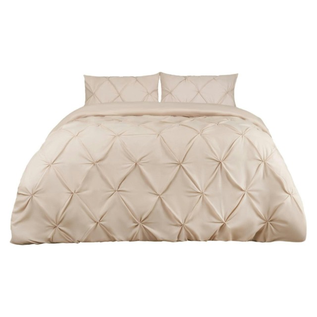 OHS Pinch Pleat Diamond Pintuck Duvet Cover and Pillowcase Bedding Set, Double - Beige