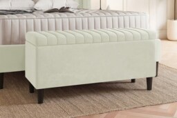 150cm Lined Upholstered Ottoman Storage box - Cream Plush Velvet Blanket Storage Box with Wooden Legs
