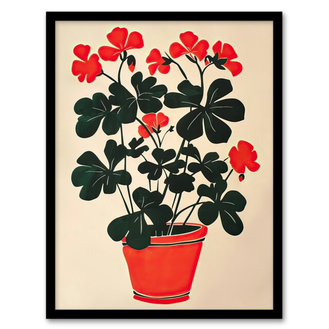 Geranium Potted Plant Lover Red Green Home Decor Black Framed Wall Art Print A4