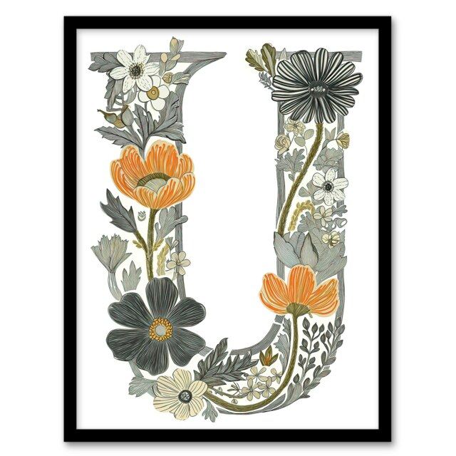 Letter Floral Flowers for her Birthday Gift Mum Black Framed Wall Art Print A4
