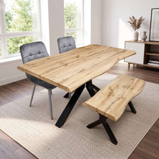Wooden Dining Table with 2 Grey Velvet Chairs and Bench Dining Room