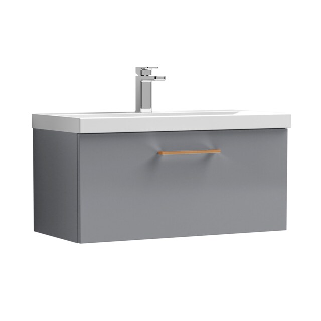 Balterley Wall Hung Bathroom 1 Drawer Vanity Unit and 1 Tap Hole Ceramic Basin, with Handle Grey Satin Grey