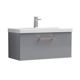Balterley Wall Hung Bathroom 1 Drawer Vanity Unit and 1 Tap Hole Ceramic Basin, with Handle Grey Satin Grey