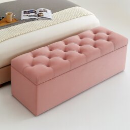 180cm Chesterfield Ottoman Storage Box, Pink Plush Velvet Upholstered Blanket Box, End of Bed Bench, Deep Storage Chest