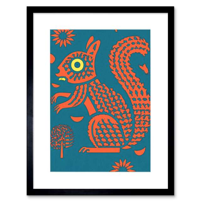 "Squirrel Colour Block Modern Folk Art Fun 9x7"" Black Framed Wall Art Print"