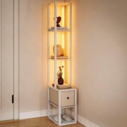 HOMCOM Floor Lamp with Shelves, LED Standing Lamp with Fabric Drawer, White