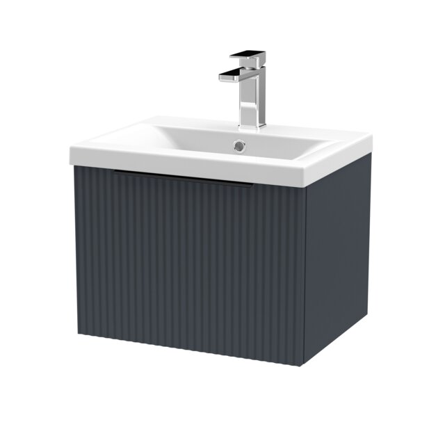 Balterley Contemporary Fluted Front Wall Hung Single Drawer Bathroom Vanity Unit with 1 Tap Hole Basin, Handles Grey Soft Black