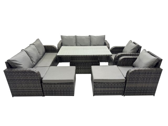 Fimous Rattan Garden Furniture Dining Set 10-seater Patio Height Adjustable Rising Lifting Table Sofa Set with 2 Big Footstool Dark Grey Mixed