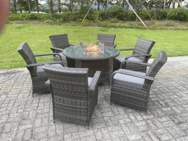 Fimous Rattan Garden Furniture Gas Fire Pit Rectangle Round Dining Table And Dining Chairs 6 Seater + Round Table