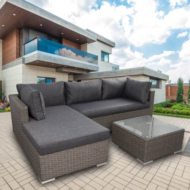 Rattan Garden Corner Sofa Set, 3 Piece Corner Garden Lounge Set with 10CM Cushion, Tempered Glass Table - Fully Assembled - Gray