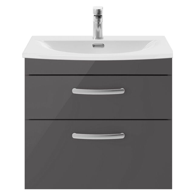 Balterley Millwich Contemporary 2 Drawer Wall Hung Vanity Unit with Curved Basin, Gloss Grey, 600mm