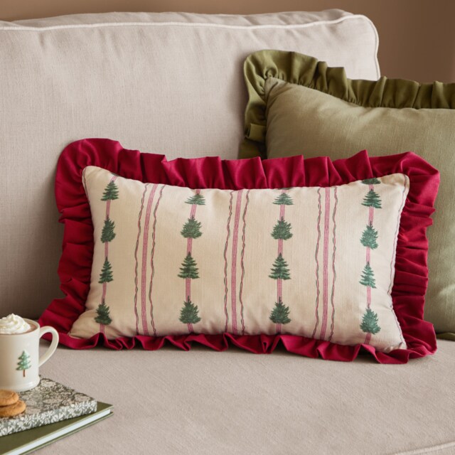Wylder Spruce Stripes Christmas Polyester Filled Cushion, Linen/Dark Red
