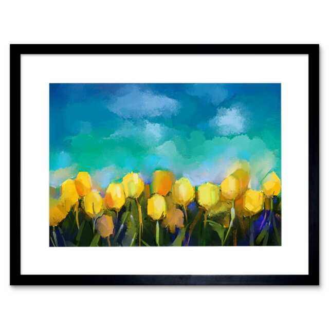 "Yellow Tulip Flower Field Spring Floral Painting 9x7"" Black Framed Wall Art Print"