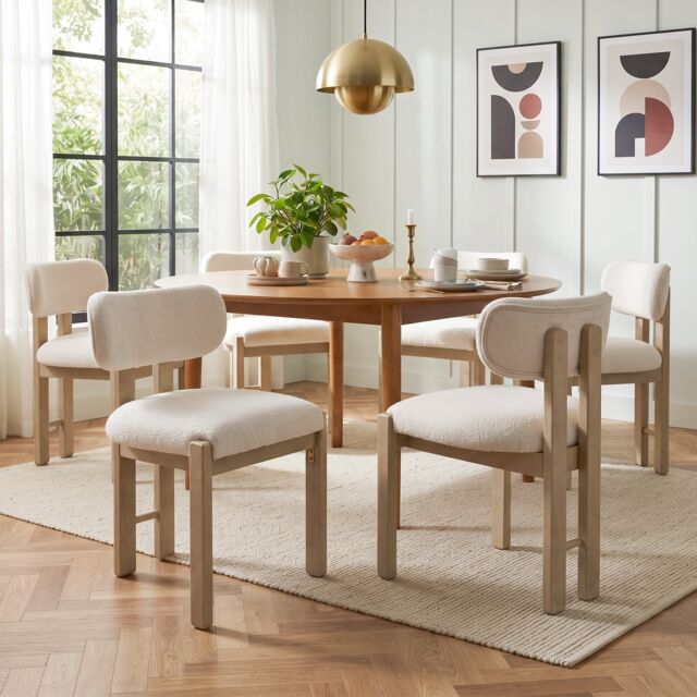 VILUXE Set of 6 Bouclé Dining Chairs Padded Seat & Backrest + Solid Wood Frame + Bouclé Upholstery Natural